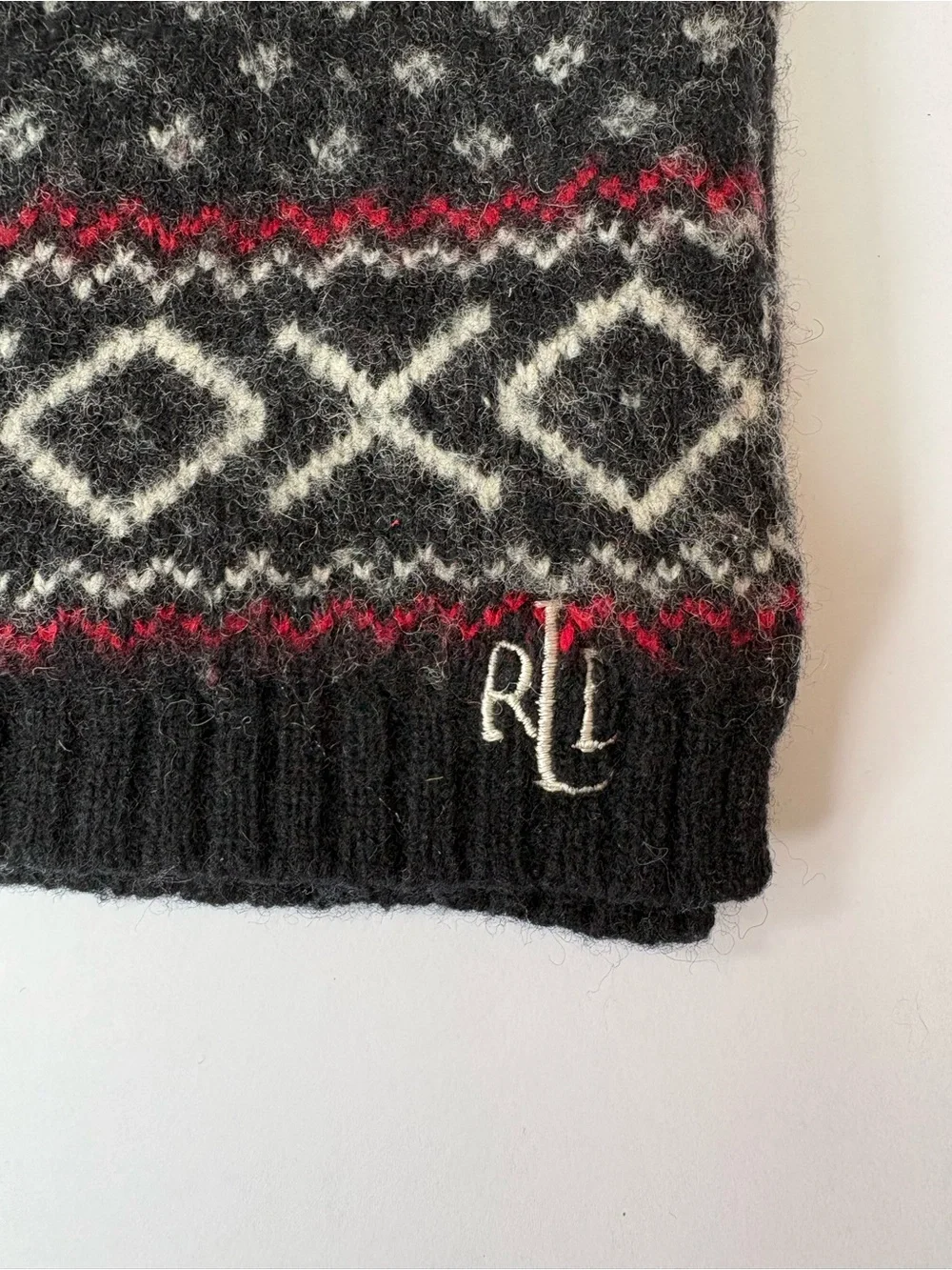 Lauren Ralph Lauren Black White Red Print Lambs Wool Blend XOXO Scarf Preppy OS